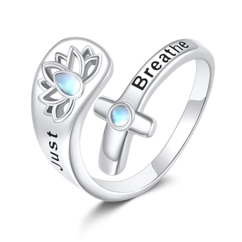 Just Breathe Rings for Women S925 Sterling Silver Lotus Cross Hope Rings Just Breathe Ring Adjustable Inspirational Moonstone Jewellery Gift For Women Female