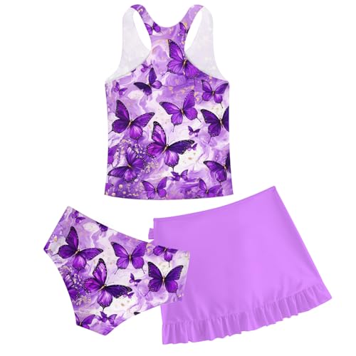 Girls Swimsuits 3 Piece Tankini Bathing Suit Set Cute Bikini Swimwear with Cover Ups Beach Skirt 5-16 Years