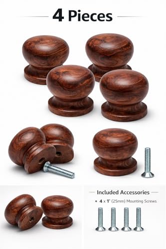 Image of Wooden for Cabinet, Wardrobe and Drawer, Dark Brown Finish | Round Wooden Pull Push Handle Set Hardware for Home & Office (6)