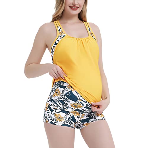 Bhome Maternity Tankini Sets Maternity Swimsuit Two Pieces Maternity Bathing Suit Strappy Tank Top With Shorts Pregnancy Swimwear Yellow Florals Prints Xl #TOP1