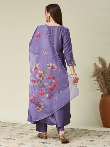 Image of MOKOSH Women's Silk Blend Embroidered Anarkali Kurta Pant with Dupatta | Anarkali Kurta Pant With Dupatta | V Neck 3 /4 Sleeve | Ethnic Wear | Floral Kurta 3 Color Available