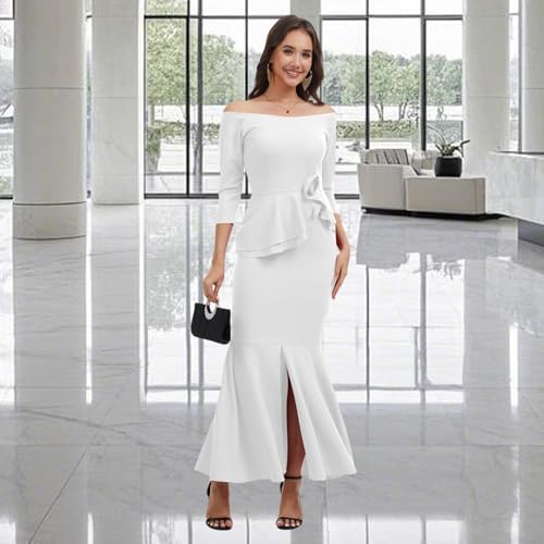Image of Women's Elegant Formal Mermaid Maxi Dress Off Shoulder Long Sleeve Wedding Split Evening Gown Prom Cocktail Party Dresses
