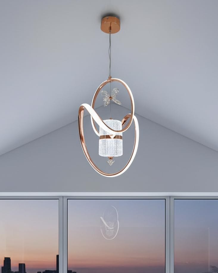 swanart Modern Crystal LED Pendant Light with Rose Gold Rings | Height Adjustable Decorative Ceiling Light for Living Room, Bedroom & Dining | Elegant LED Hanging Lamp with Crystal Shade-image-24