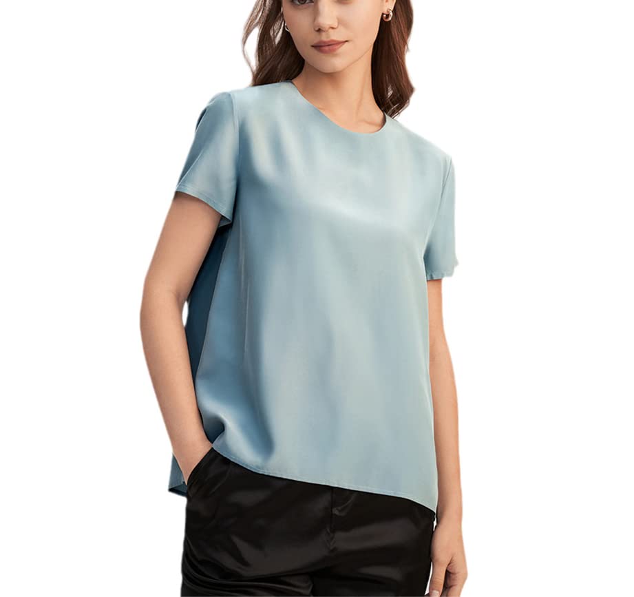 T-shirt soie femme bleu L anti transpiration haut col rond chic dos ouvert