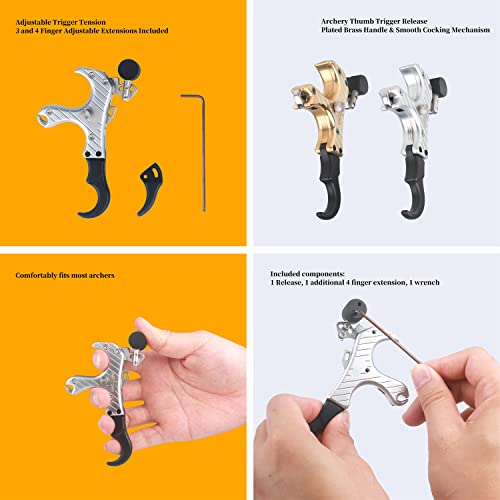 Perogen Archery Thumb Trigger Release For Compound Bow, 3&4 Finger Grip Adjustable Brass Made Archery Release Aids #TOP4