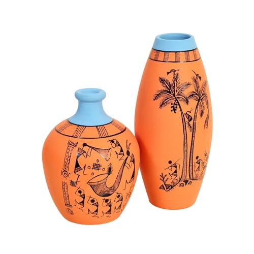 Image of Aakriti Art Creations Desert Safari Terracotta Vase Set of 2 | Handcrafted Warli Art Decorative Flower Vases | Matte Finish Orange Tribal Vase Set for Living Room Table Decor & Housewarming Gift