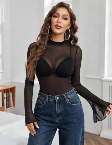 Image of Avidlove Mesh Mini Dresses for Women Bell Sleeves Bodycon Turtle Neck Split Lingerie Dress Vacation Party Outfits Clubwear