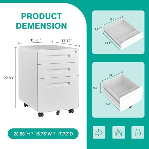 Image of 3 Drawer File Cabinet with Lock,Under Desk File Cabinet,White Rolling File Cabinets,Three Drawer Filing Cabinets for Home Office with Wheels,Fit A4 /Letter /Legal File,Fully Assembled Except Casters