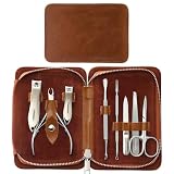 FAMILIFE Manicure Set, Nail Clippers Pedicure Tool, 8 pcs Stainless Steel Manicure Kit Professional Grooming Tool, Nail Kit with Portable Brown Leather Travel Case Luxury Gifts for Men