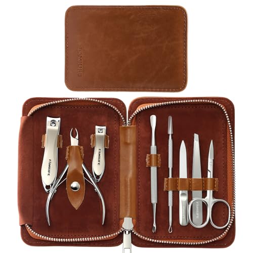 FAMILIFE-Manicure-Set-Nail-Clippers-Pedicure-Tool-8-pcs-Stainless-Steel-Manicure-Kit-Professional-Grooming-Tool-Nail-Kit-with-Portable-Brown-Leather-Travel-Case-Luxury-Gifts-for-Men FAMILIFE Manicure Set, Nail Clippers Pedicure Tool, 8 pcs Stainless Steel Manicure Kit Professional Grooming Tool, Nail Kit with Portable Brown Leather Travel Case Luxury Gifts for Men - Image 1