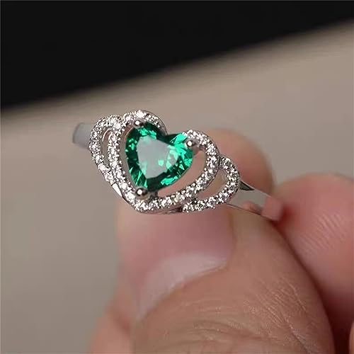925 Sterling Silver Fashion Natural Emerald Ring Heart-Shaped Cut Cubic Zirconia Rings CZ Eternity Heart Engagement Wedding Band Ring for Women (US Code 9)2