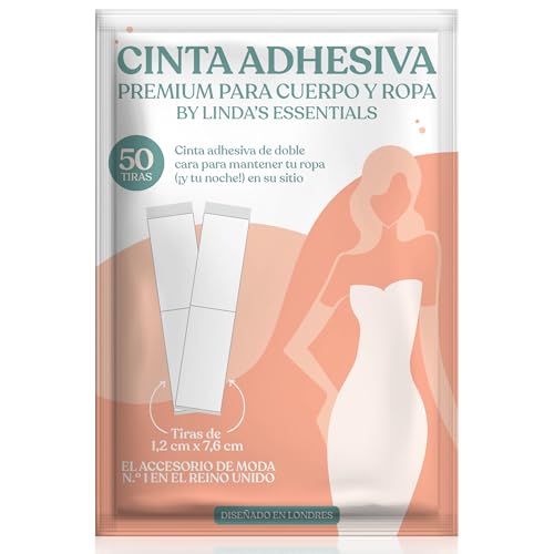 Linda's Essentials Cinta Doble Cara Ropa y Piel Invisible (50 Cintas) Adhesivo Natural Extrafuerte y Resistente al Sudor - Hipoalergénica - Sin Daños en Piel y Ropa Sin Residuos Body Tape y Boob Tape