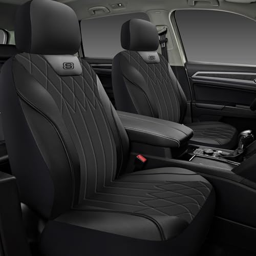 Skechers Seat Covers Memory Foam-Piping Leather Car Seat Covers Ultimate Comfort & Support Front Seat Covers Airbag Compatible Automotive Universal Fit Most for SUVs Vans Sedans Cars Trucks Black