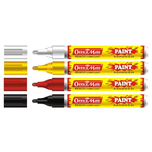 Image of Soni Officemate Regular Paint Marker | Pack of 4 (Mix) | Multi-Surface, Oil-Based, Non-Toxic Ink | 4.5 mm Bullet Tip | Ideal for Crafts, Industry & Projects