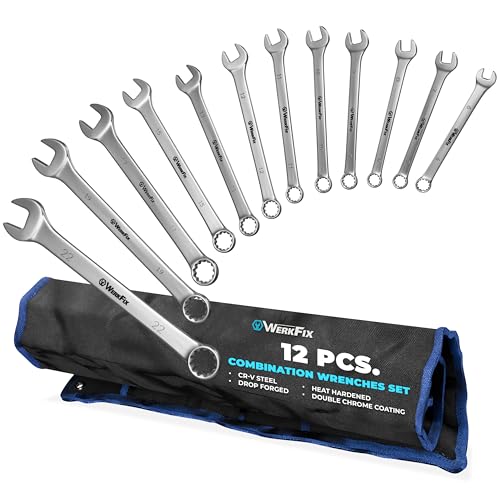 Image of S&R WerkFix Combination Spanner Set 12 pcs 6–22 mm – Metric Spanner Set in Roll Bag | Cr-V Steel, Laser-Marked, Matt Finish | 15° Offset Ring | Spanners & Wrenches