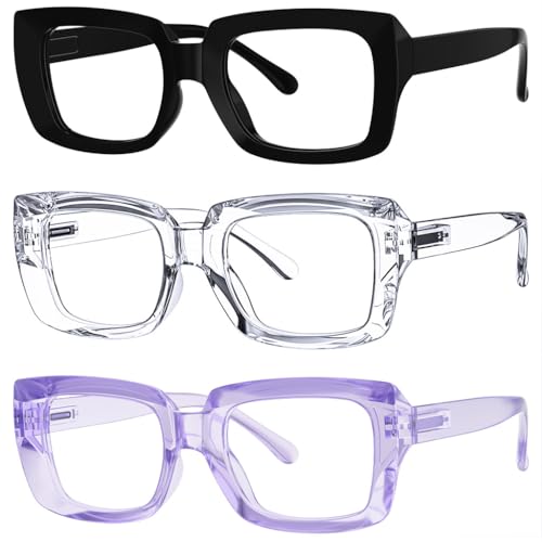 Image of Eyekepper 3 Pack Stylish Reading Glasses Women - Oversized Square Readers (Black /Transparent /Purple) +2.00