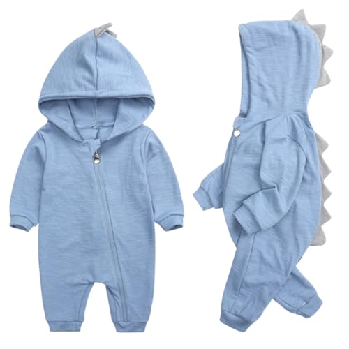 [MarineBlue] マリンブルー ロンパース 長袖 男の子 女の子 前開き 赤ちゃん 新生児 恐竜 着ぐるみ カバーオール コットン 80 ブルー