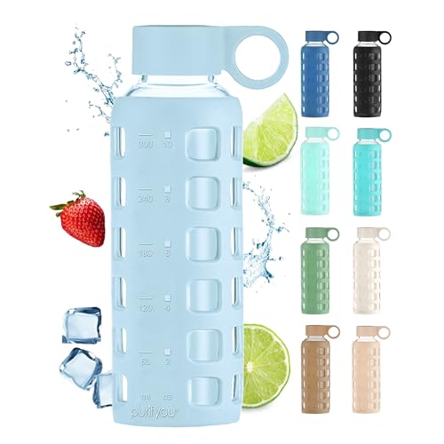 Image of purifyou 40oz / 32oz / 22oz / 12oz Borosilicate Glass Water Bottle with Time & Volume Markers, Silicone Sleeve, Stainless Steel Lid | Reusable Glass Bottle for Water & Juice (12oz Ice Blue)