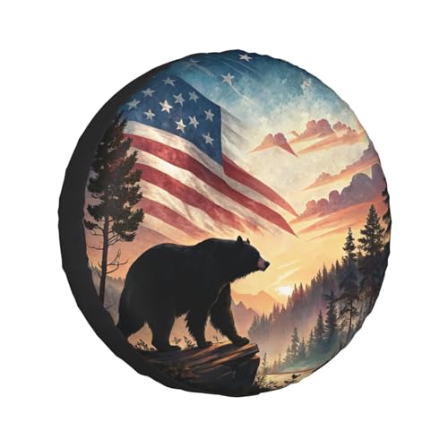 Image of Black Bear American Flag Sunset Mountain Spare Tire Cover Wheel Protectors Waterproof UV Resistant Wheel Covers Universal Fit for SUV Truck Rv Trailer Camper Travel Accessories 17 inch