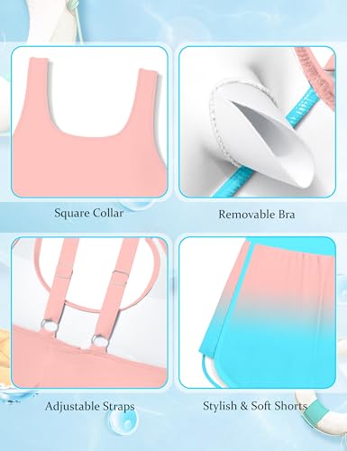 Image of Girls Swimsuit One Piece Swimsuits Color Block Bathing Suit for Girls Adjustable Strap Padded Swimwear with Shorts