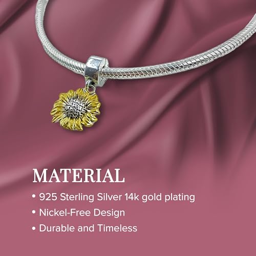 Bolenvi Gold Sunflower Sunshine Dangle Pendant Charm - Omni Clasp Clip on 925 Sterling Silver Charms Compatible with Pandora & Similar Bracelets, Necklaces & DIY Jewelry - 14K Gold Plating3