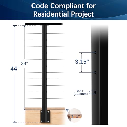 Image of 2 Pack Side Mount Cable Railing Post 36 inch (Post Body 44 inch), Level Drilled Space-Saving Rail Post with 11 Holes, Stainless Steel Fascia Mount Cable Railing System, Black Indoor Outdoor Deck Post