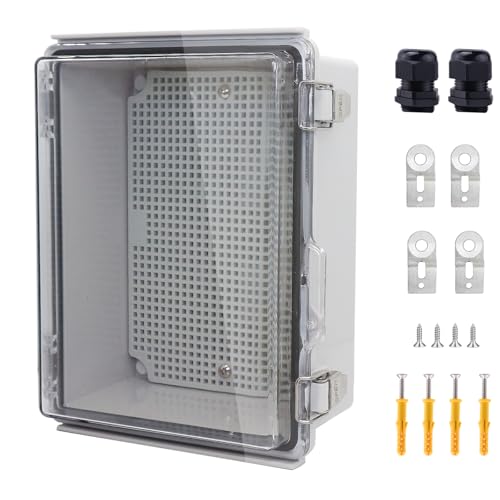 IP67 Waterproof Junction Box, ABS Plastic Electrical Enclosure with Stainless Steel Latch, Hinged Clear Cover Electric Box with Mounting Plate, Wall Brackets &amp; Cable Glands 220x170x110mm