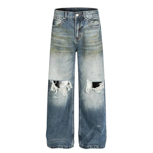 Men’s Gradient Dyed Ripped Jeans, High Street Retro Washed, Distressed Straight Baggy Denim Pants