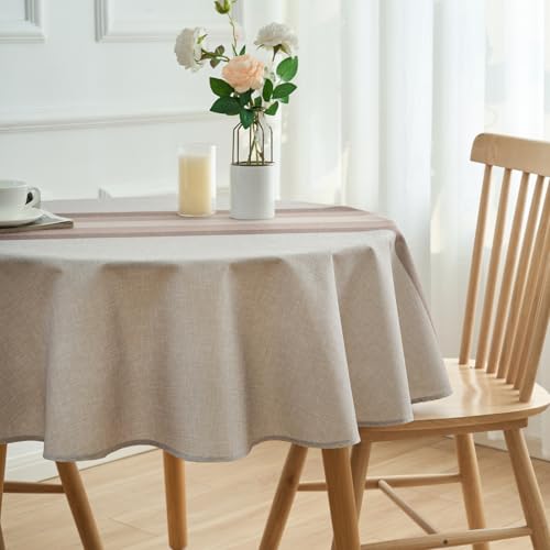 Arwllzz Nappe Anti Tache Ronde 140 cm Nappe Beige Aspect Lin Lavable et imperméable Nappes Moderne Effet Tissu Protection de Table Extérieurs pour Salle à...