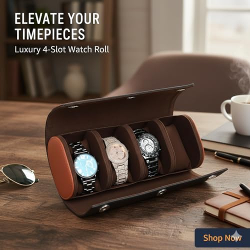 Image of essart Travel Watch Roll Case 4 Slots - Portable Luxury Watch Organizer & Storage Box for Men & Women