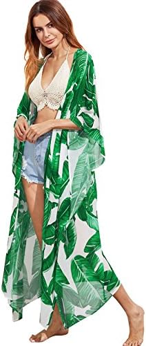 SweatyRocks Women's Flowy Kimono Cardigan Open Front Maxi Dress Green Medium
