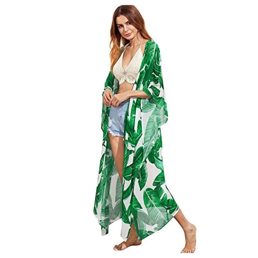 SweatyRocks Women's Flowy Kimono Cardigan Open Front Maxi Dress Green Small