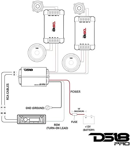 Wiring diagram for the DS18 PRO-CFX passive crossover, showing connections from a head unit to an amplifier, then to the crossover, and finally to a woofer and tweeter.