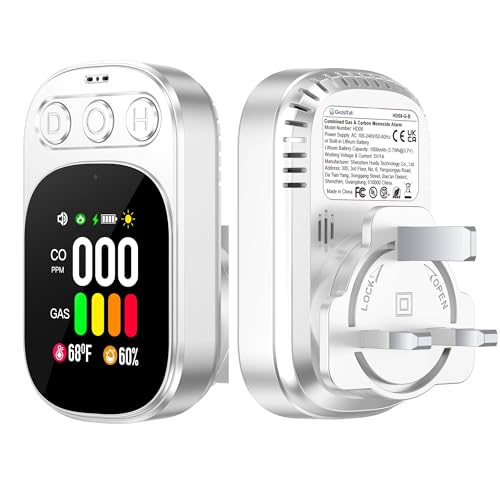 Detector de monóxido de Carbono enchufable y detectores de combinación de Gas Natural, Monitor de Humedad de Temperatura de Gas CO 4 en 1 con Pantalla HD de 2.1 Pulgadas e indicador de CO, propano