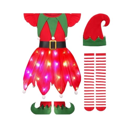 Raopuzi Disfraz Elfo de Navidad Niña Vestido de Duende Lluminado Conjunto de 4 Piezas Vestidos Navideño Rojo con Gorro Zapatos y Medias para Niñas Traje de Elfo Ropa Festiva Mascarada Carnaval