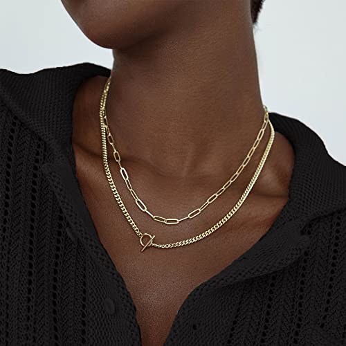 Chesky Gold Layered Necklaces For Women, 14K Dainty Gold Chain Necklace Women Trendy Cuban Link Paperclip Chain Toggle Clasp Necklace Fashion Chunky Jewelry For Women #TOP1