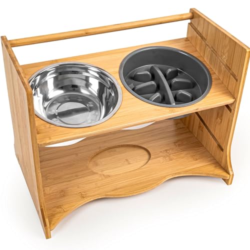 Elevated Dog Bowl Set - Adjustable Premium Bamboo Stand with Stai...