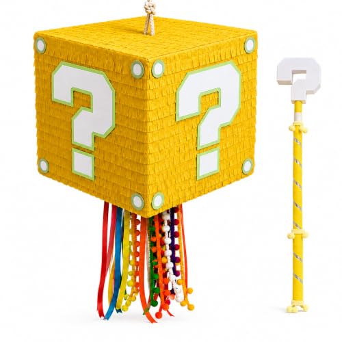 Handmade Pinata 13.5 - Question Block Piata | Gold Retro Mystery Block | Pull String & Smash | Custom 3D Themed Stick | Arrives Fully Assembled
