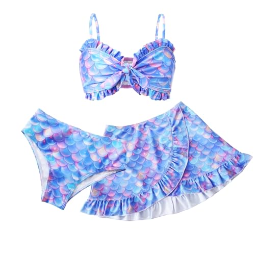 Image of Girls Mermaid Swimsuit 3 Piece Bathing Suits, Adjustable Ruffled Bikini Top, with Cover up Skirt Fish Scale Design for 3-10Y