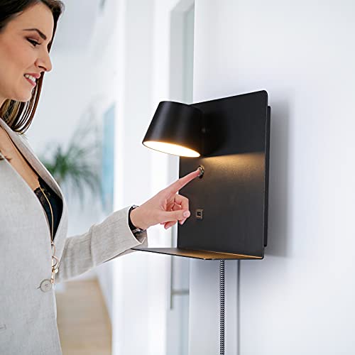 Plug In Cord Wall Sconce With Usb Port Charging, Led Wall Lamp With Shelf Lights Fixture Reading Lights For Bedside Rotation Wall Lighting With Switch For Living Room Bedroom-Black 11X8.66 Inch #TOP3