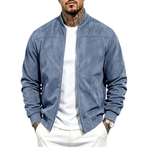 fartey Suede Jacket Men Bomber Full Zip Outwear Stand Collar Vintage Coat - image 2