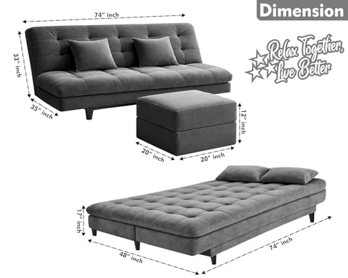 Image of Rosebell Modern Three-Seater Sofa Cum Bed - Foldable Velevt Fabric Sofa, Foam Seating Stylish Design for Living Room, Guest Room & Office - Grey Color