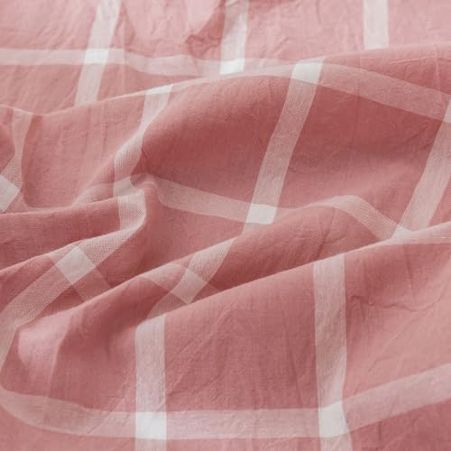 Image of EAVD Modern Style Pink Plaid Duvet Cover Queen Soft Cotton Pink and White Grid Plaid Bedding Set with 2 Pillowcases Simple Checkered Geometric Duvet Cover with Zipper Closure