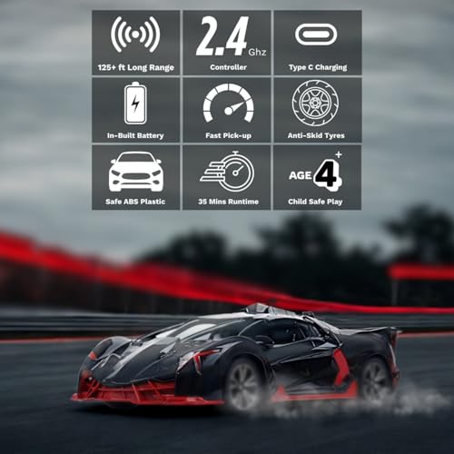 Image of Remote Control Car for Kids |Rechargeable High Speed RC Car with Lithium Battery |Type-C Charging |LED Headlights |Black with Red