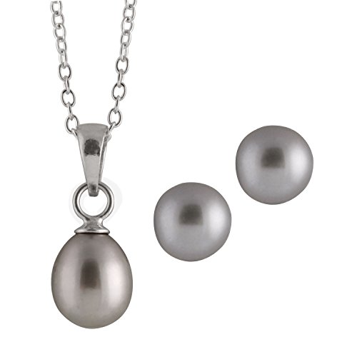 Handpicked AAA+ 6.5-7mm Gray Freshwater Cultured Pearls Rhodium-plated 925 Sterling Silver 17" Necklace and Earrings Set