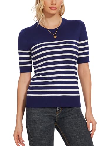 Image of Spicy Sandia Women's Short Sleeve Sweater Casual Knit Pullover Top for Summer Lightweight Blue and White Striped 2XL