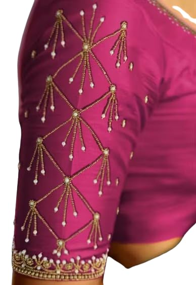 Maggam aari Hand Made Heavy Work Blouse Piece Best Green -1 Metre unstriched-image-33
