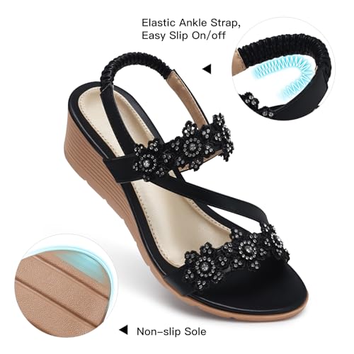 Image of SHIBEVER Womens Wedge Sandals: Well-Cushioned and Support for Comfortable | Low heel, Adjustable Back Strap, Flower, Open Toe Dress Platform Strappy Shoes for Dressy and Casual Summer Size 5-11