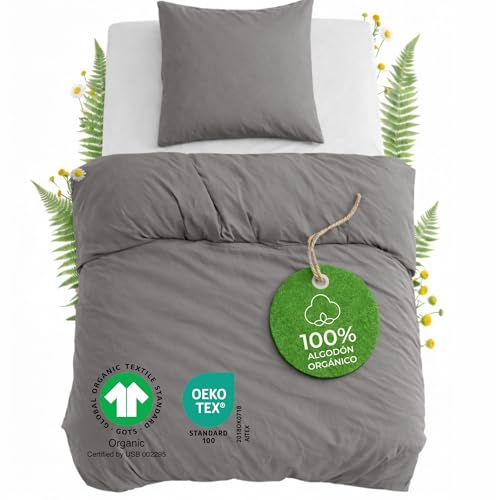 Dreamzie Funda Nordica Cama 90 Algodon Organico - Funda Nordica 140x200cm, Funda de Almohada 65x65cm - Algodon Bio Percal 180 TC - Certificado Oeko-Tex & Gots - Gris Oscuro