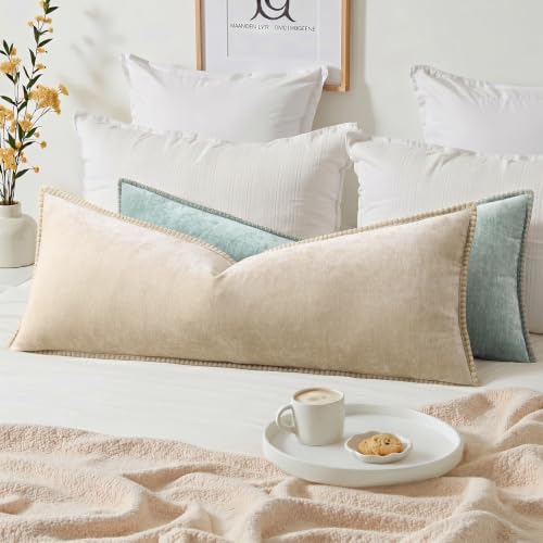 Image of decorUhome Fall Chenille Soft Cozy Throw Pillow Covers 14x36 Set of 1, Modern Farmhouse Boho Velvet Decorative Pillow Cases with Stitched Edge for Couch Sofa Bed Home Decor, Beige